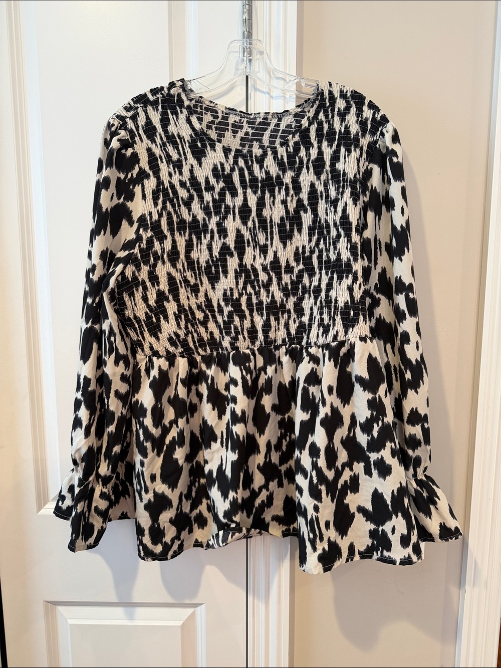 SHEIN Black and White Smocked Animal Print Peplum Top